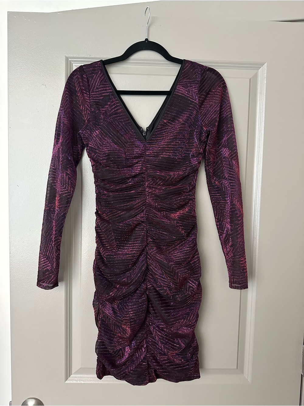 Guess Vibrant Purple Ruched V-Neck Long Sleeve Dress